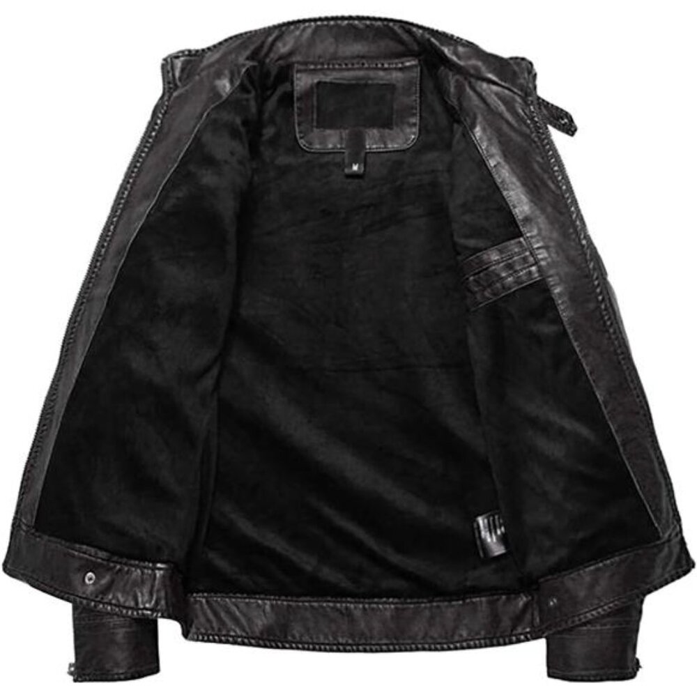 Men's Vintage Stand Collar Leather Jacket Motorcycle PU Jacket and Coat - Picture 8 of 12